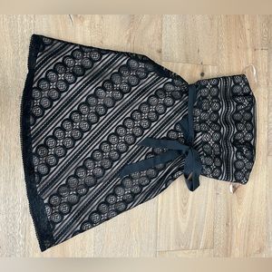 Strapless black lace, party dress with black waist sash